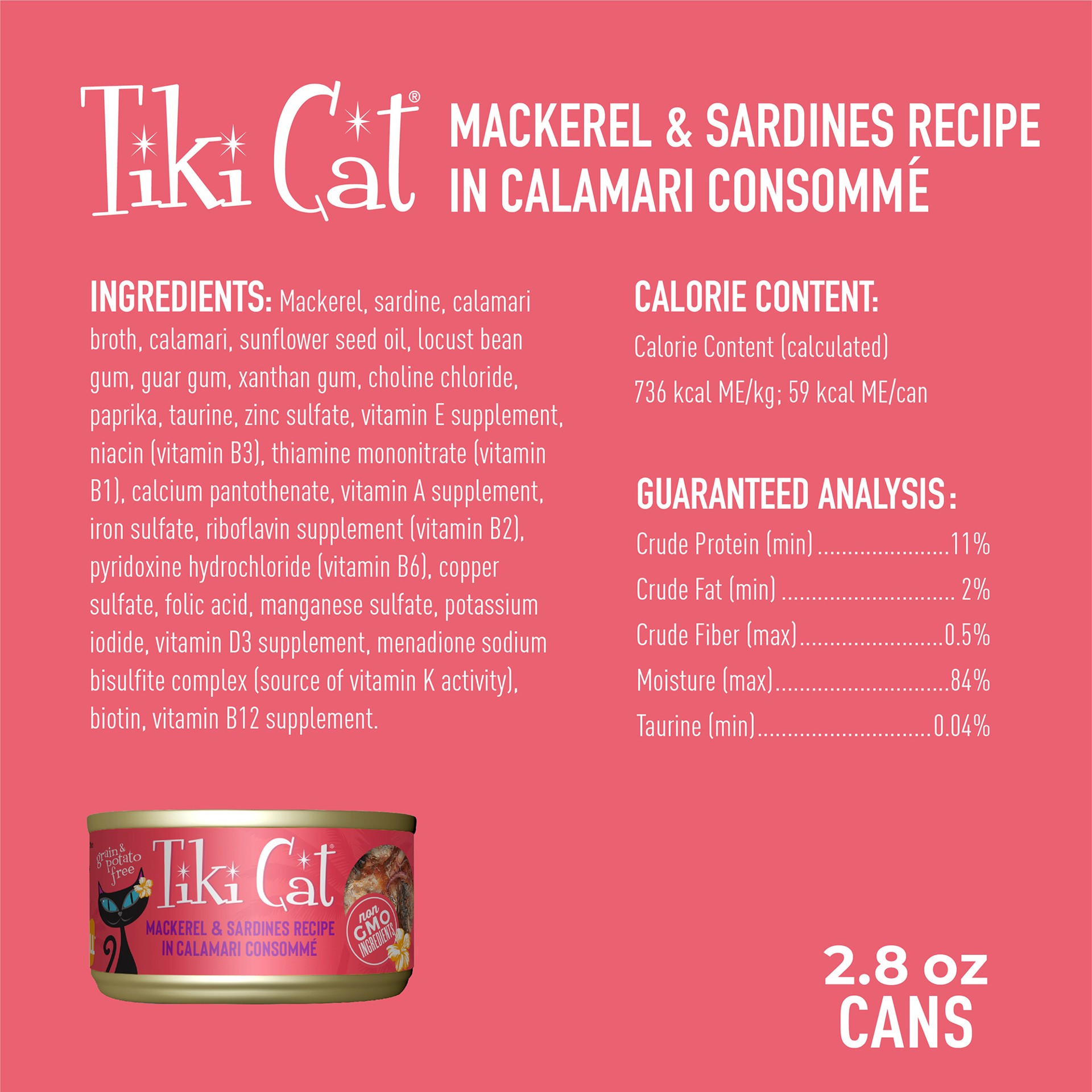 slide 8 of 8, Tiki Cat Grill Wet Cat Food, Mackerel & Sardines, 2.8 oz. Can, 2.8 oz