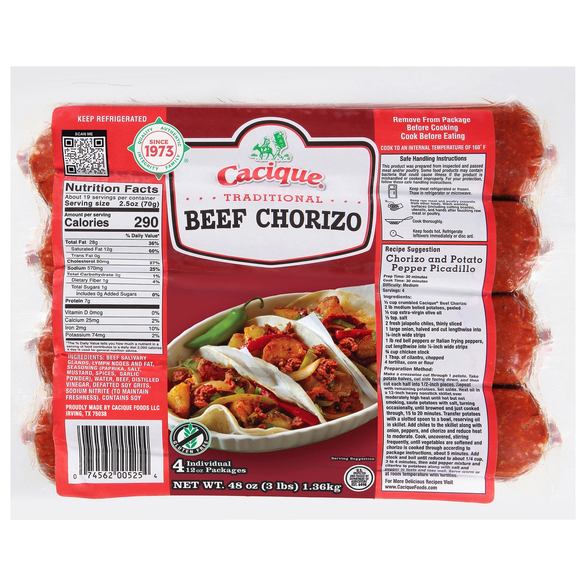 slide 7 of 11, Cacique Traditional Beef Chorizo 4 - 12 oz Packages, 4 ct