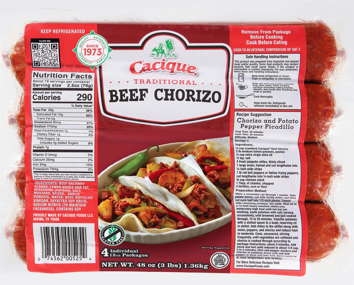 slide 3 of 11, Cacique Traditional Beef Chorizo 4 - 12 oz Packages, 4 ct