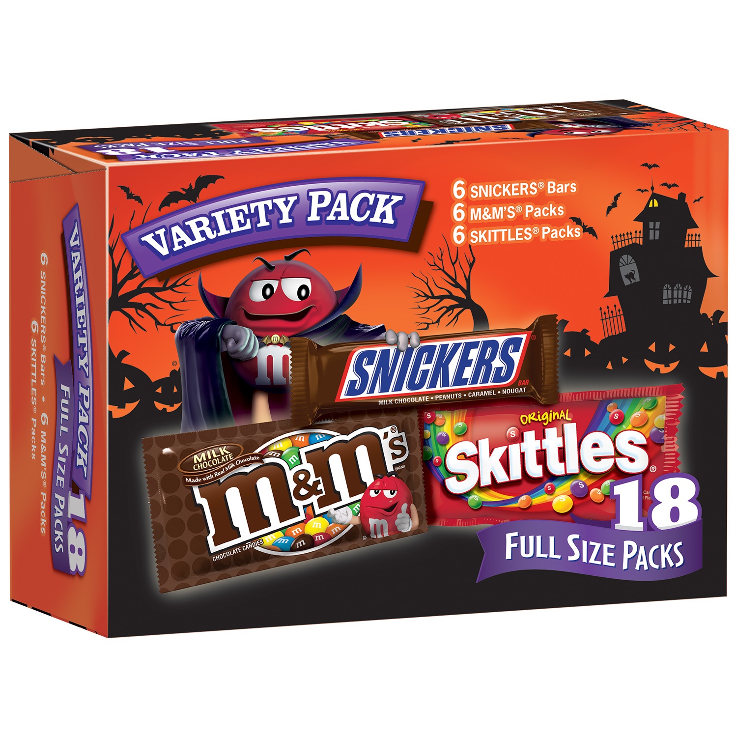 slide 1 of 1, Mixed Snickers, M&M'S & Skittles Halloween Candy, Full Size, Variety Mix, 18 Count, 34.32 oz