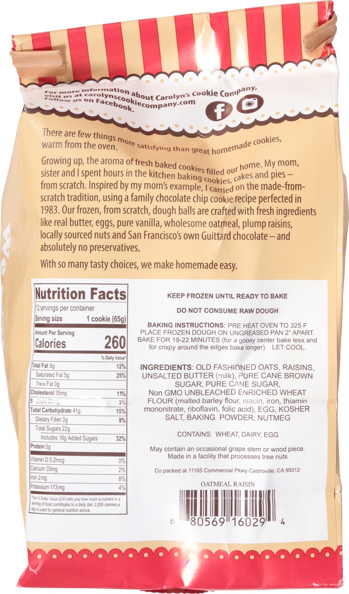 slide 2 of 13, Carolyn's Cookie Company Frozen Oatmeal Raisin Cookie Doughballs 12 ea, 22 oz