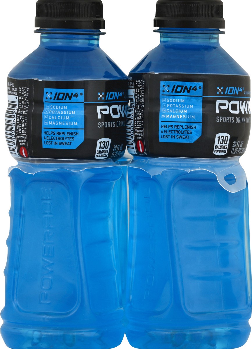 slide 3 of 6, POWERADE Mountain Berry Blast, ION4 Electrolyte Enhanced Fruit Flavored Sports Drink w/ Vitamins B3, B6, and B12, Replenish Sodium, Calcium, Potassium, Magnesium, 20 fl oz, 4 Pack, 4 ct; 20 fl oz