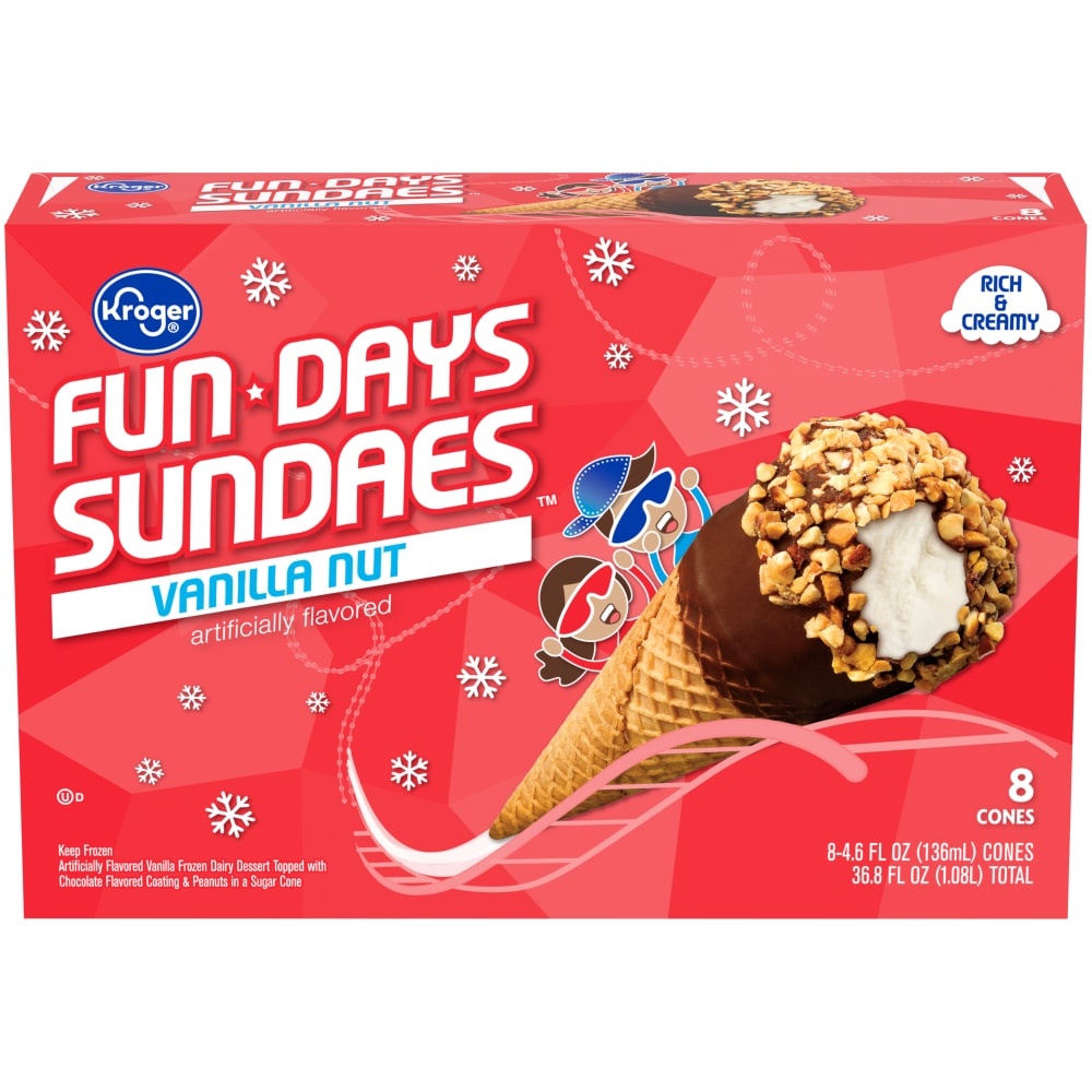 slide 1 of 1, Kroger Fun Days Sundaes Vanilla Nut Frozen Dairy Dessert Cones, 36.8 oz