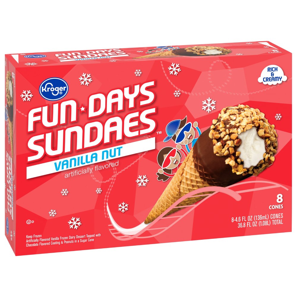 slide 1 of 4, Kroger Fun Days Sundaes Vanilla Nut Frozen Dairy Dessert Cones, 36.8 oz