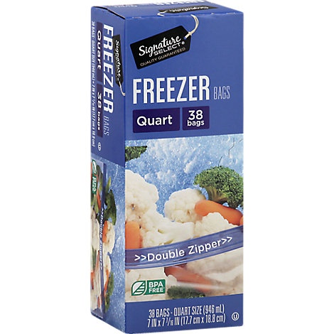 slide 1 of 1, Signature Select Bags Freezer Click N Lock Double Zipper Quart, 38 ct