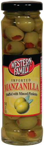 slide 1 of 1, Western Family Olive Manzanilla Stuffed, 3 oz