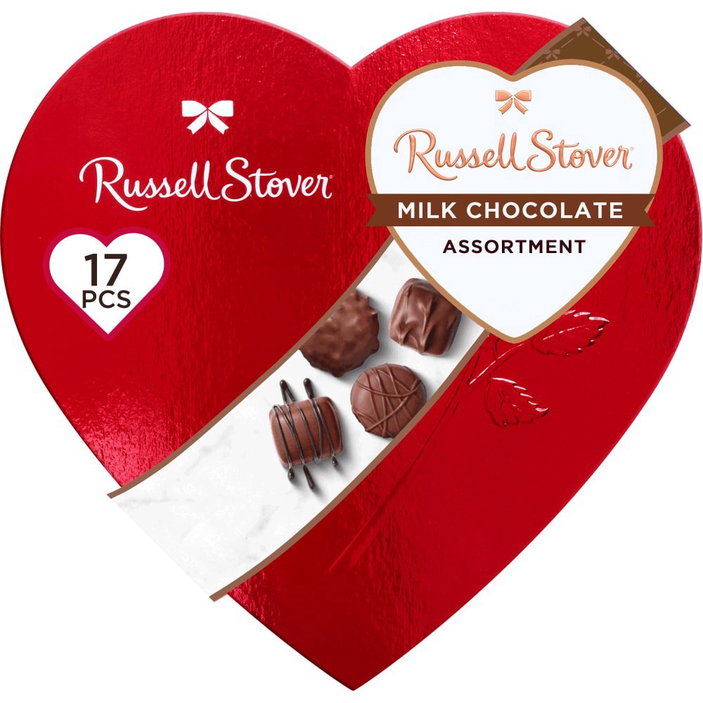 slide 1 of 6, Russell Stover, Red Foil Heart, Milk Chocolate Assortment, 10 Oz, 10 oz