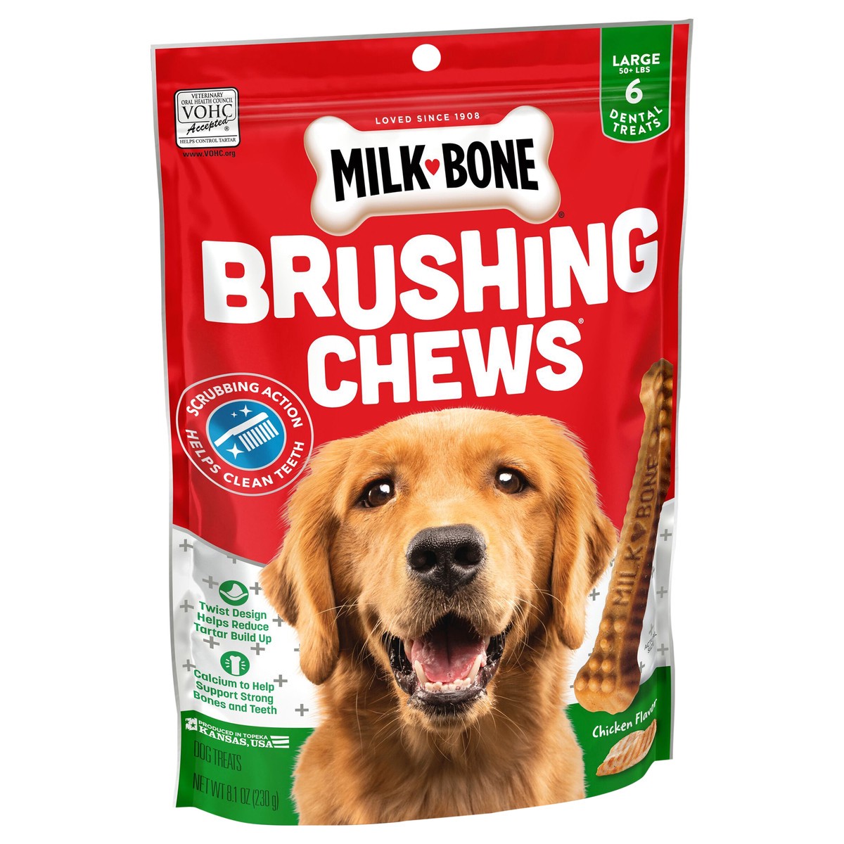 slide 7 of 8, Milk-Bone Brushing Chews Daily Dental Dog Treats, Large, 8.1 Oz. Bag, 6 Bones Per Bag, 6 ct