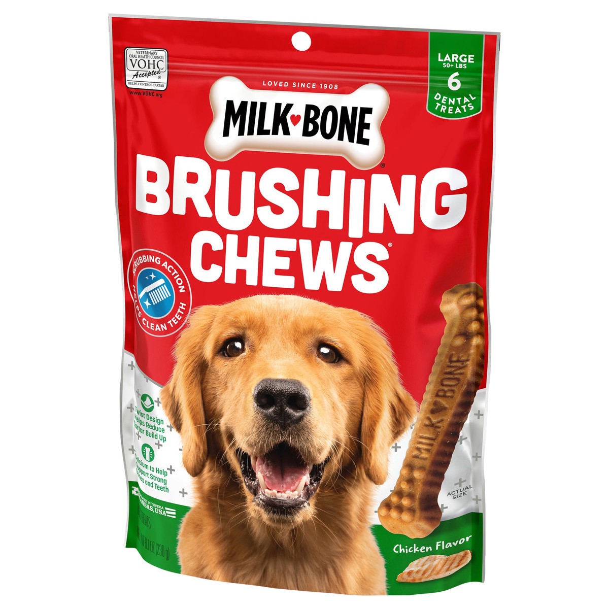 slide 4 of 8, Milk-Bone Brushing Chews Daily Dental Dog Treats, Large, 8.1 Oz. Bag, 6 Bones Per Bag, 6 ct