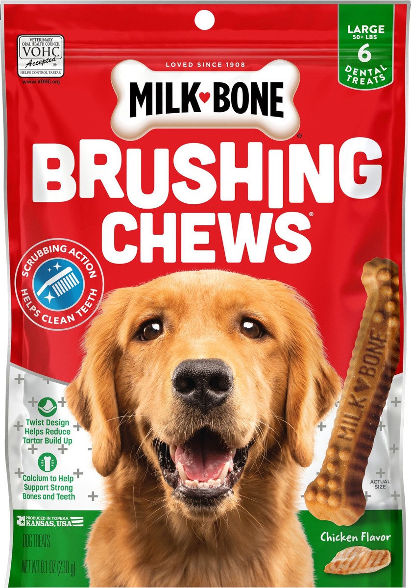 slide 8 of 8, Milk-Bone Brushing Chews Daily Dental Dog Treats, Large, 8.1 Oz. Bag, 6 Bones Per Bag, 6 ct