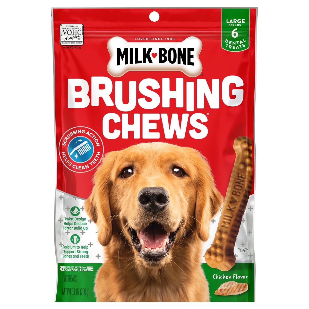 slide 1 of 8, Milk-Bone Brushing Chews Daily Dental Dog Treats, Large, 8.1 Oz. Bag, 6 Bones Per Bag, 6 ct