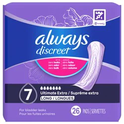 Always Discreet Adult Incontinence Pads for Women, Ultimate Extra Absorbency, Long Length, Postpartum Pads, 26 CT