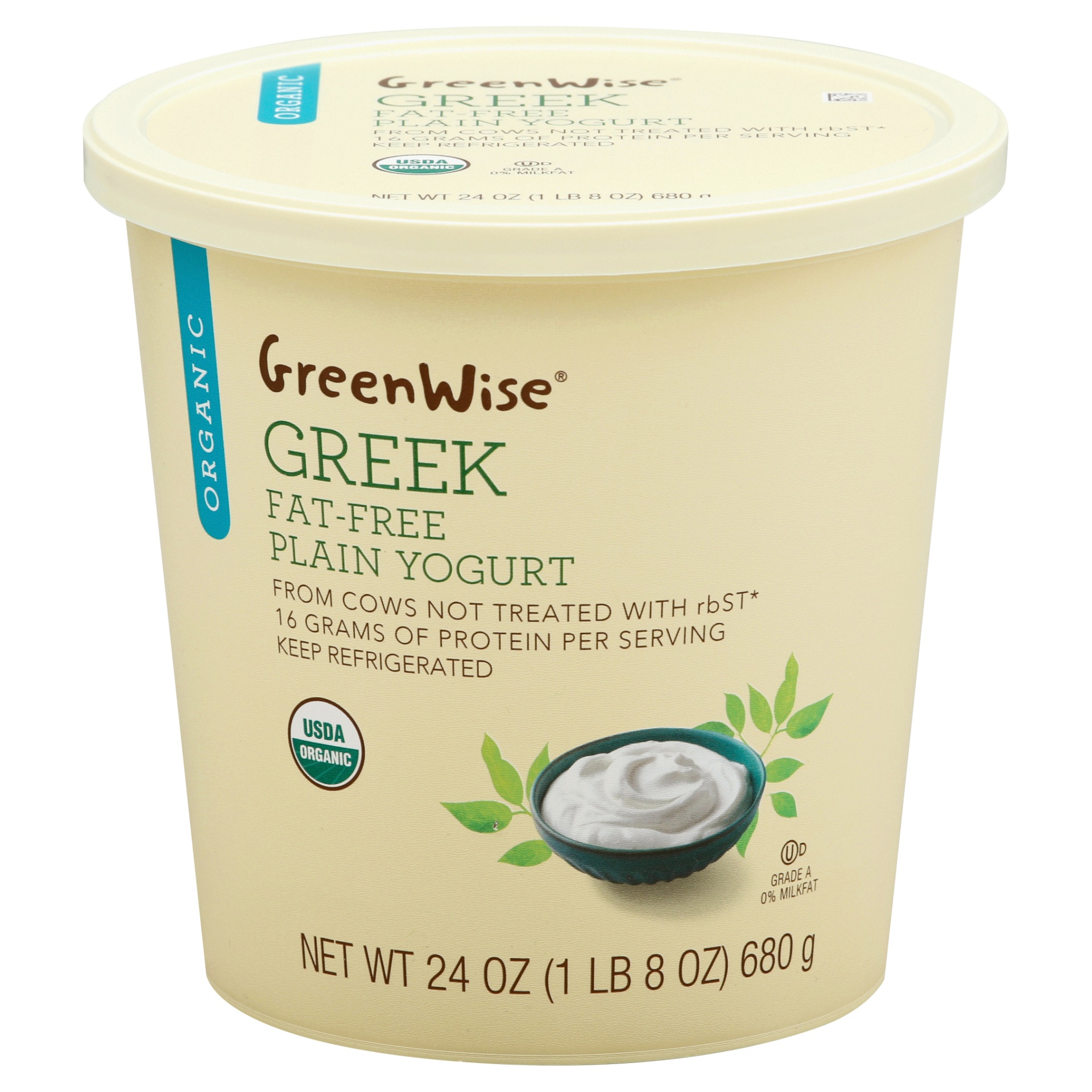 slide 1 of 1, GreenWise Organic Greek Fat-Free Plain Yogurt, 24 oz