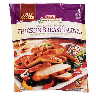 slide 1 of 1, H-E-B Select Ingredients Fully Cooked Sliced Seasoned Chicken Breast Fajitas, 12 oz
