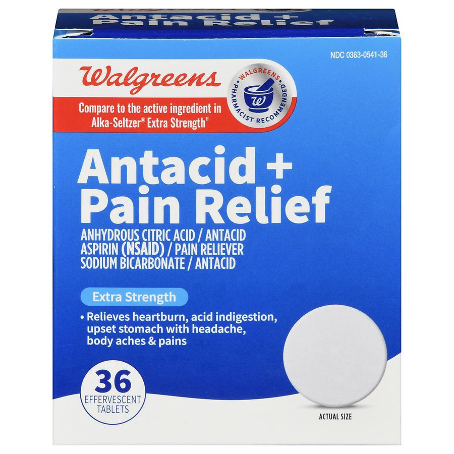 slide 1 of 5, Walgreens Antacid + Pain Relief Extra Strength Effervescent Tablets, 36 ct