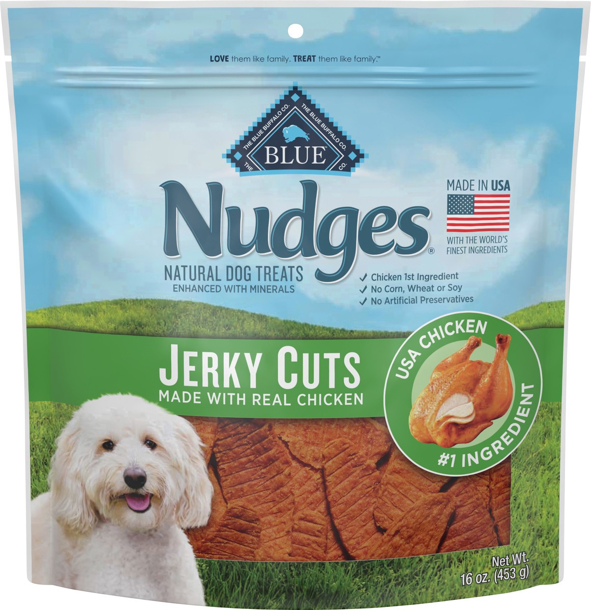slide 5 of 5, Blue Buffalo Nudges Jerky Cuts Natural Dog Treats, Chicken, 16oz Bag, 16 oz