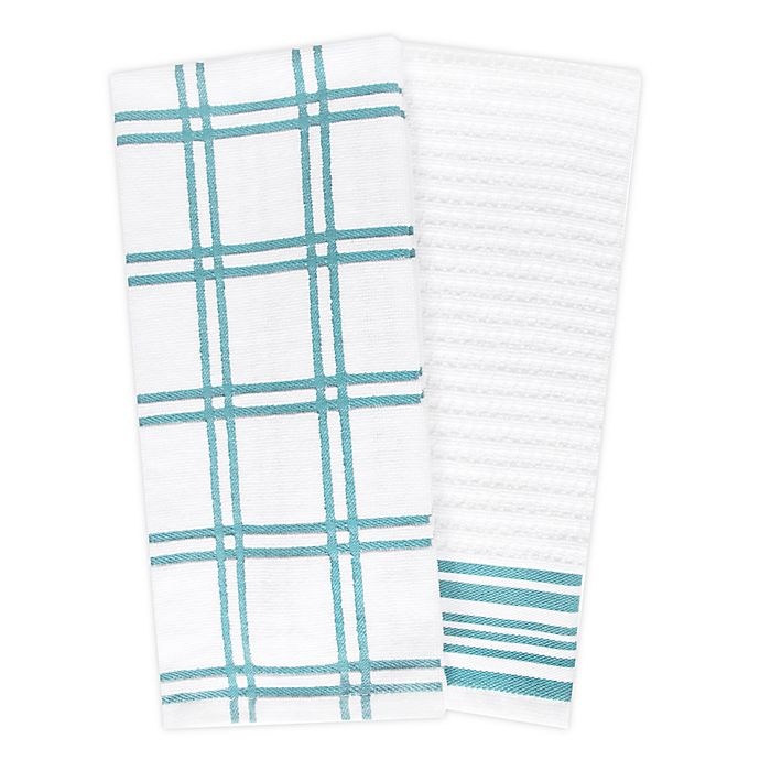 slide 1 of 5, KitchenSmart Colors Plaid Windowpane Kitchen Towels - Teal, 2 ct