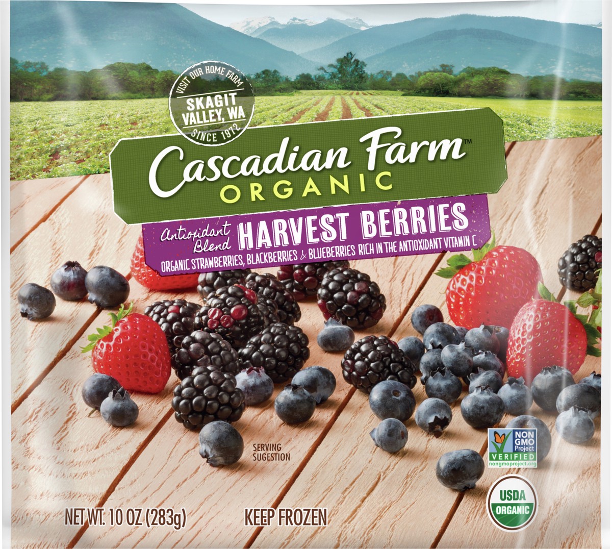 slide 4 of 8, Cascadian Farm Organic Harvest Berries, Antioxidant Blend with Strawberries, Blackberries, and Blueberries, Frozen Fruit, Non-GMO, 10 oz Bag, 10 oz