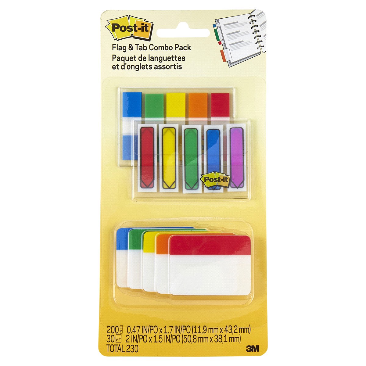 slide 1 of 1, 3M Post-it Flags and Tabs, 200.5 in. x 2.0 in. Flags, 30 2 in. x 1.5 in. Tabs, TOTAL 230, 1 ct