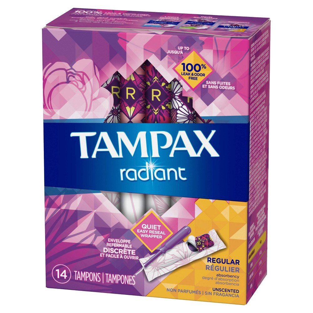 slide 2 of 3, Tampax Radiant Tampons, with LeakGuard Braid, Regular Absorbency, Unscented, 14 Count, 14 ct