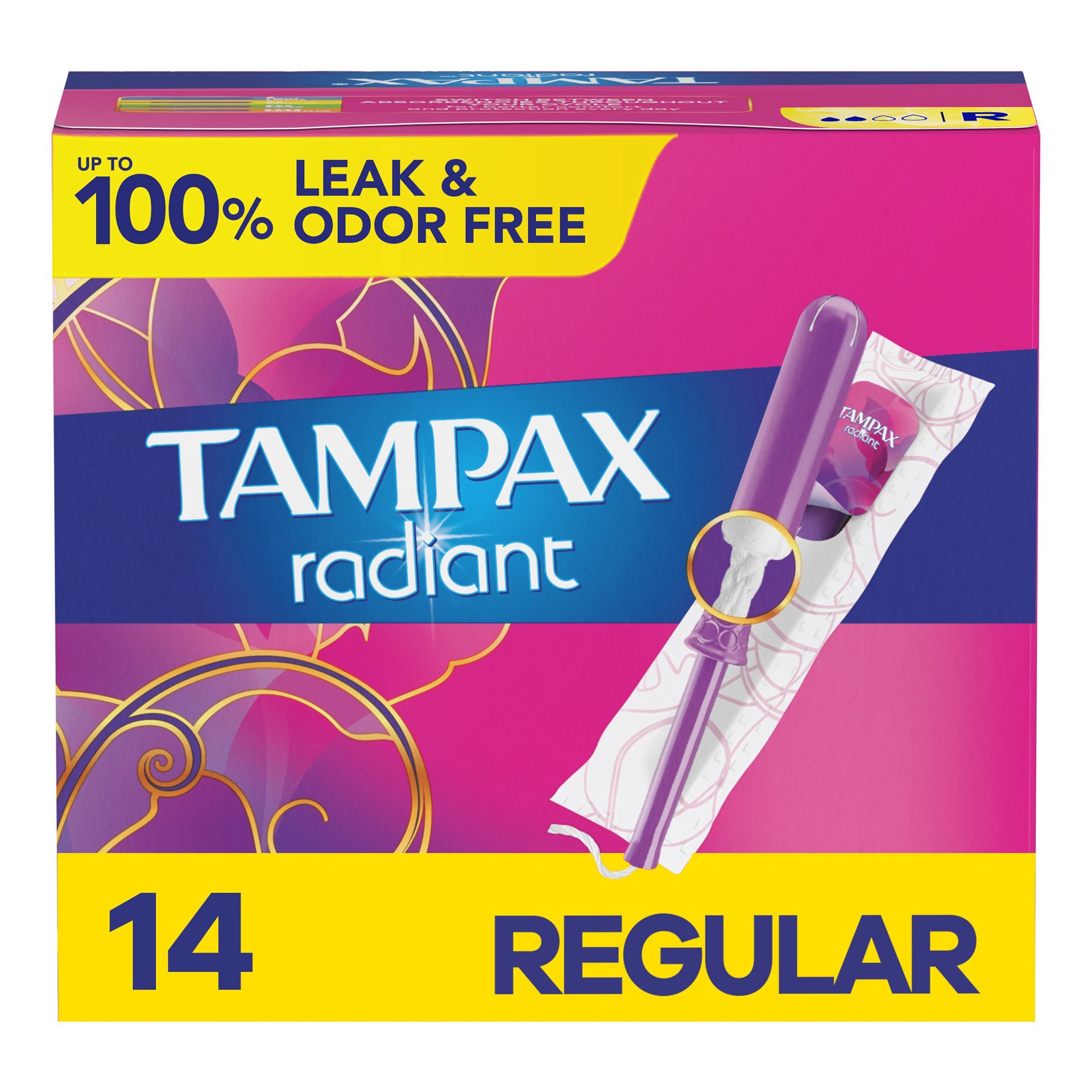 slide 1 of 3, Tampax Radiant Tampons, with LeakGuard Braid, Regular Absorbency, Unscented, 14 Count, 14 ct