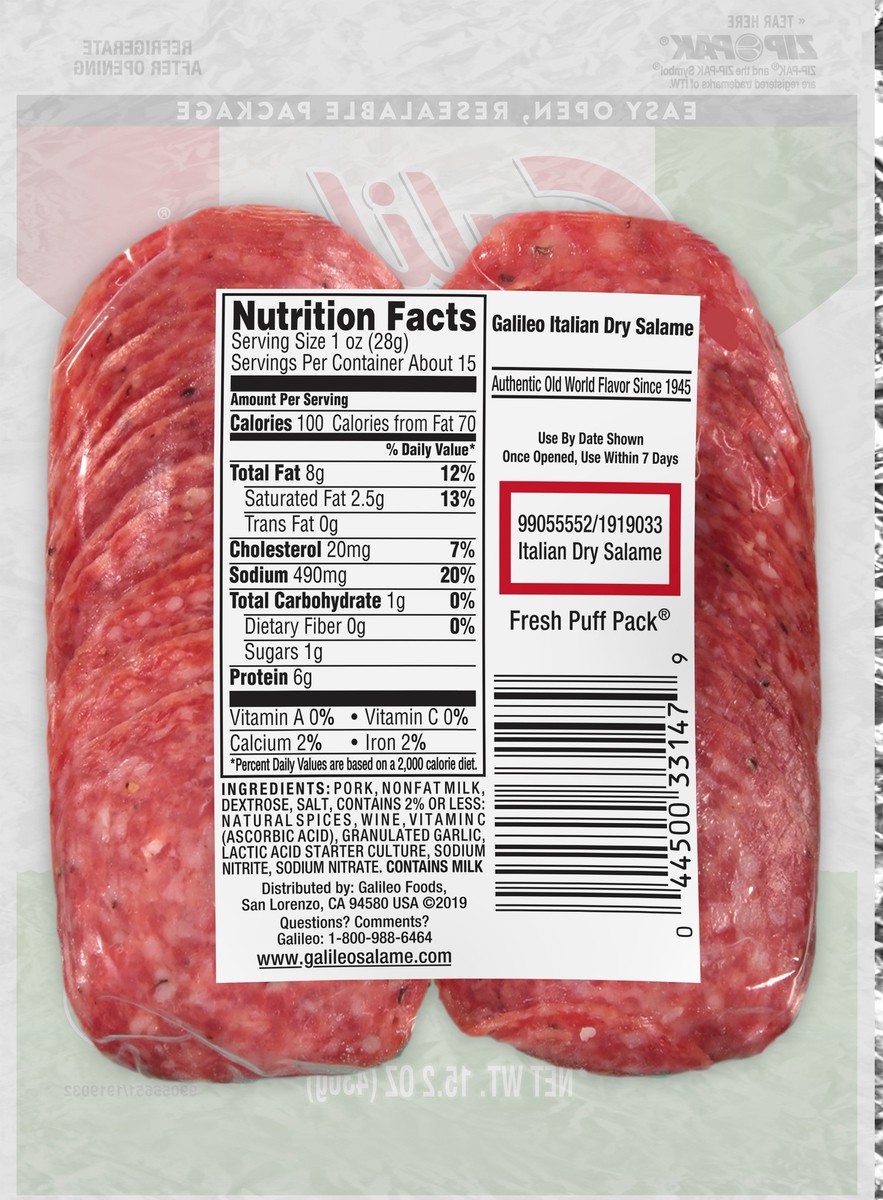 slide 3 of 6, Galileo Deli Thin Sliced Italian Dry Salami, 15.2 oz., 430.91 g