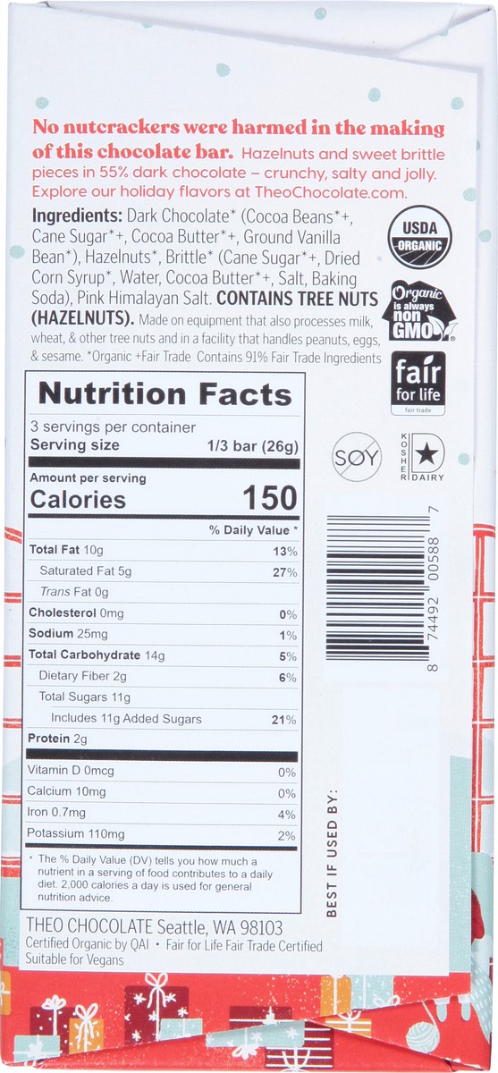 slide 6 of 9, Theo 55% Organic Nutcracker Brittle Dark Chocolate 2.8 oz, 2.8 oz