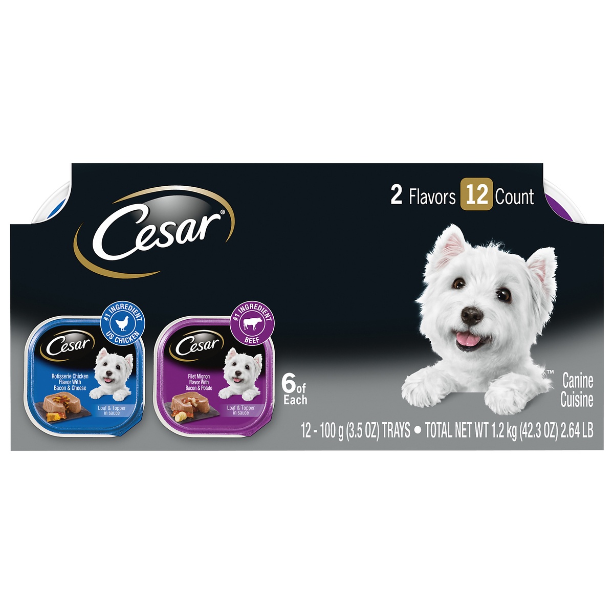 slide 1 of 1, Cesar Loaf & Topper in Sauce Rotisserie Chicken, Beef Filet Mignon and Cheese Flavor Adult Wet Dog Food - 2.64lbs/12ct Variety Pack, 