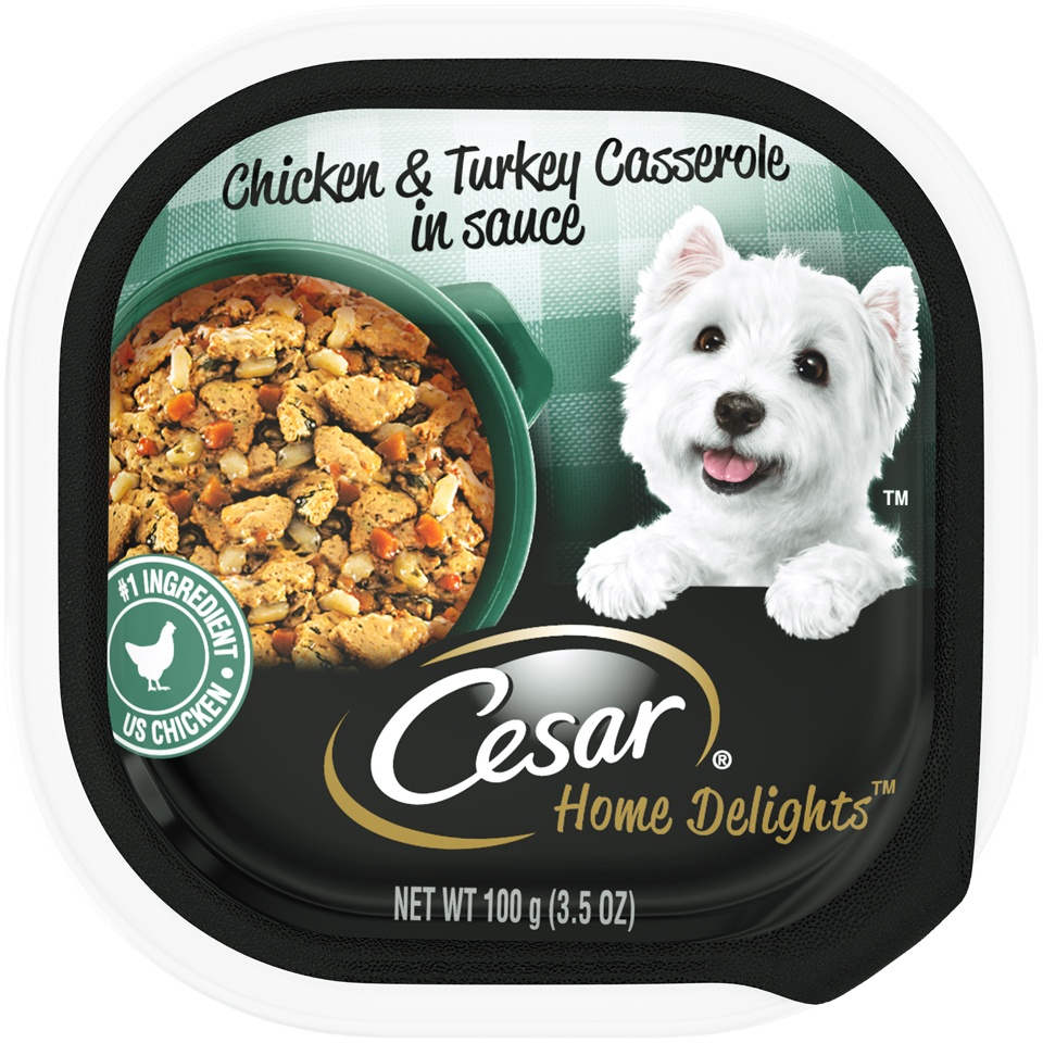 slide 1 of 9, Cesar Home Delights Chicken and Turkey Casserole in Sauce Wet Dog Food Tray, 3.5 oz