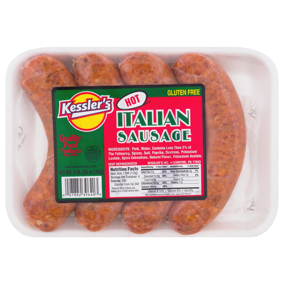 slide 1 of 13, Kessler's Italian Hot Italian Sausage 1 lb, 1 lb