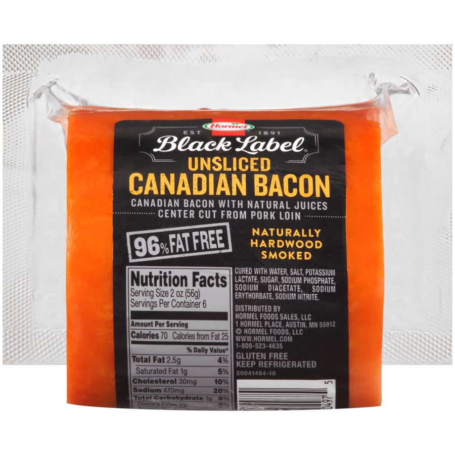 slide 1 of 8, Hormel Black Label 96% Fat Free Unsliced Canadian Bacon, 12 oz