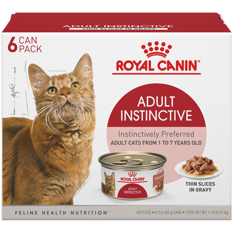 slide 1 of 9, Royal Canin Feline Health Nutrition Adult Instinctive Thin Slices in Gravy Wet Cat Food Multipack, 6 ct; 3 oz