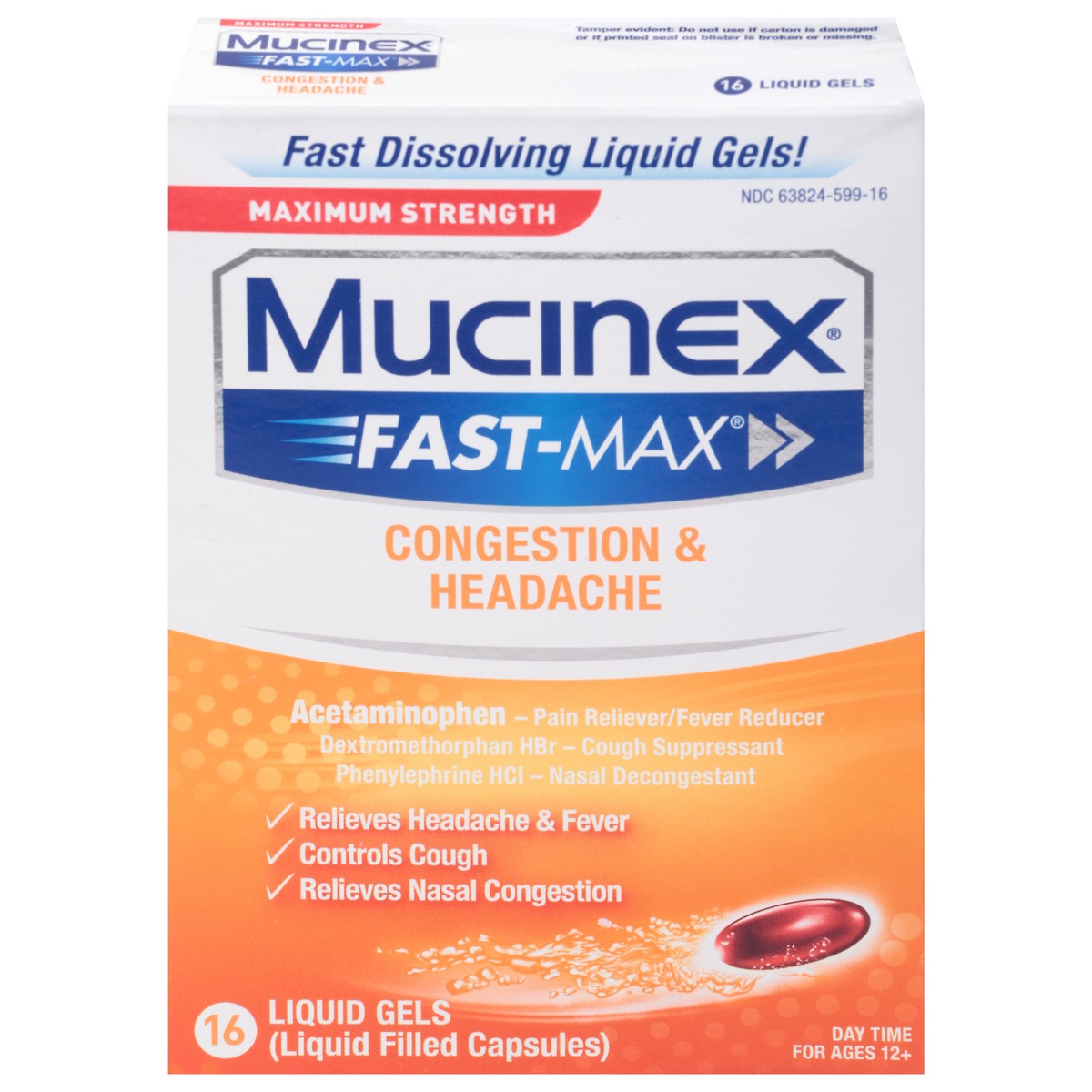 slide 1 of 12, Mucinex Fast-Max Daytime Maximum Strength Congestion & Headache 16 Liquid Gels, 16 ct