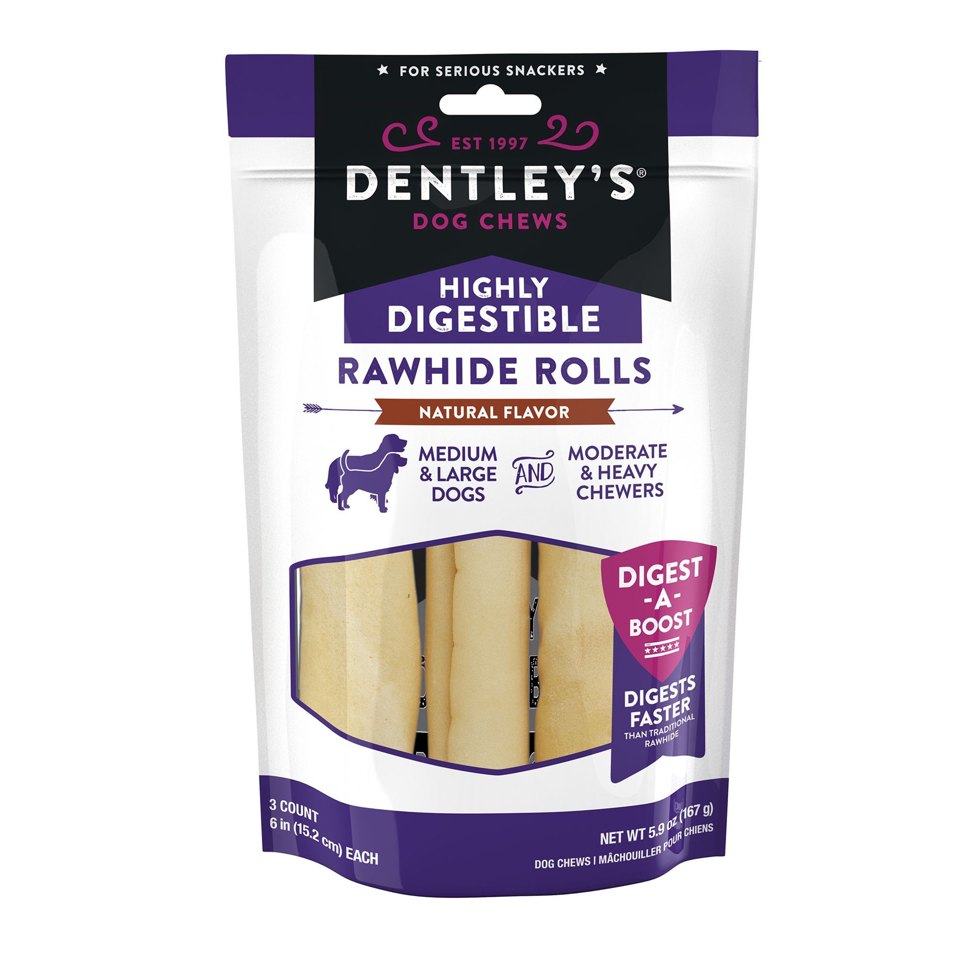 slide 1 of 1, Dentley's Highly Digestable Rawhide Rolls 6 inch All Life Stage Dog Chew Treats - Natural, 3 ct