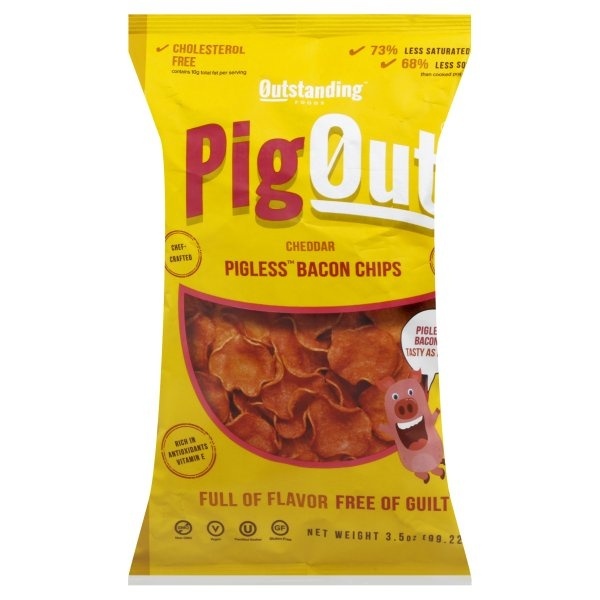slide 1 of 1, Outstanding Foods Pig Out Cheddar Pigless Bacon Chips, 3.5 oz