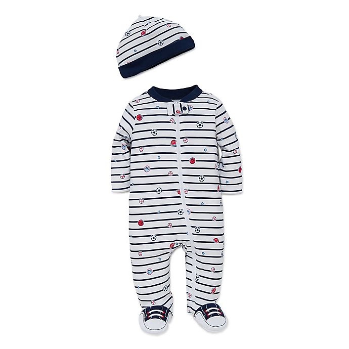 slide 1 of 1, Little Me Newborn Striped Sports Star Footie and Hat Set - White, 2 ct