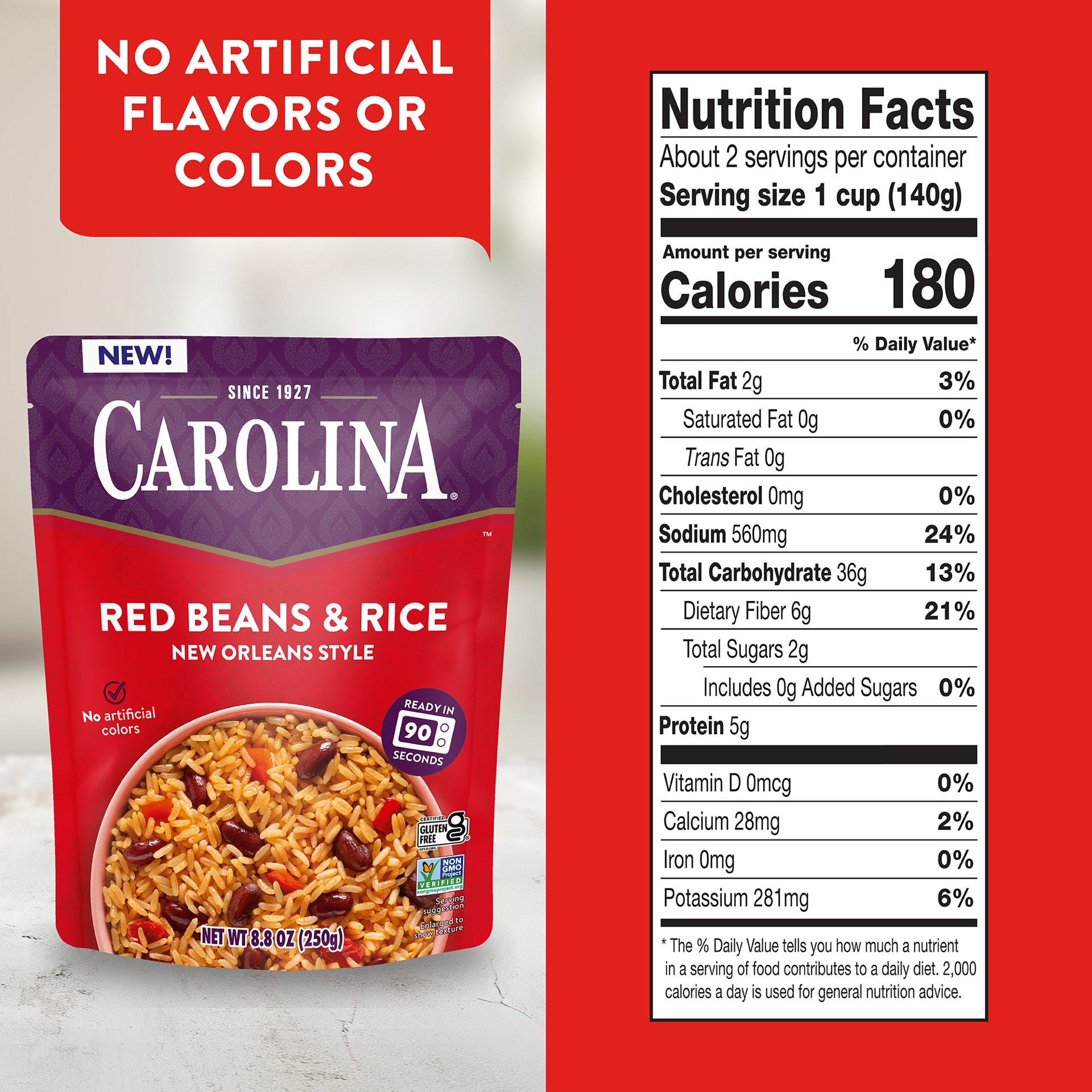 slide 7 of 8, Carolina Red Beans & Rice, Gluten Free Rice, Ready to Heat 90 Seconds, Microwaveable Rice, 8.8 oz, 8.8 oz