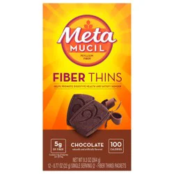 Metamucil Fiber Thins, Daily Fiber Supplement Snack, Psyllium Husk Powder, 5g Fiber per Serving, Supports Digestive Health and Satisfies Hunger, Daily Fiber Snack, Chocolate Flavor, 12 Servings