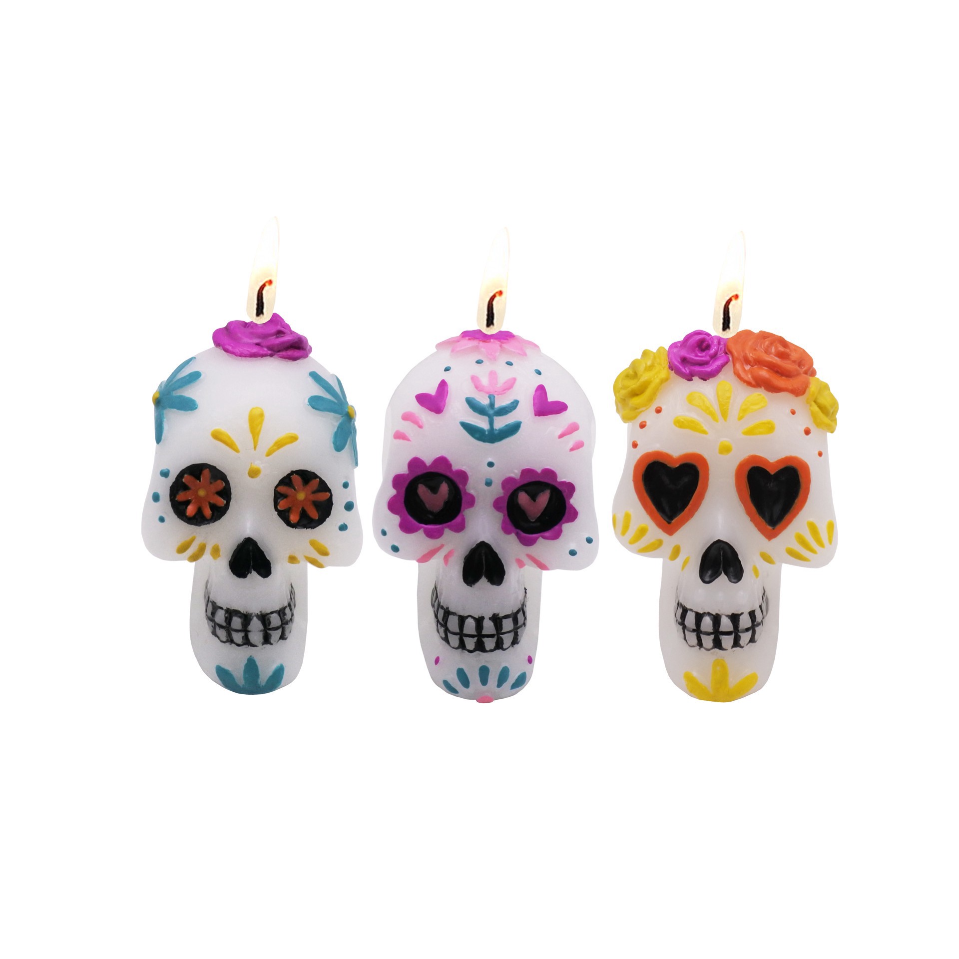 slide 3 of 3, 2.5" Day Of The Dead Sugar Skull Shaped Candles, 3ct. By Ashland, 3 ct