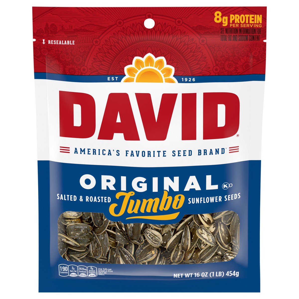 slide 1 of 3, DAVID Roasted and Salted Jumbo Sunflower Seeds, Original Flavor, 16oz., 16 oz