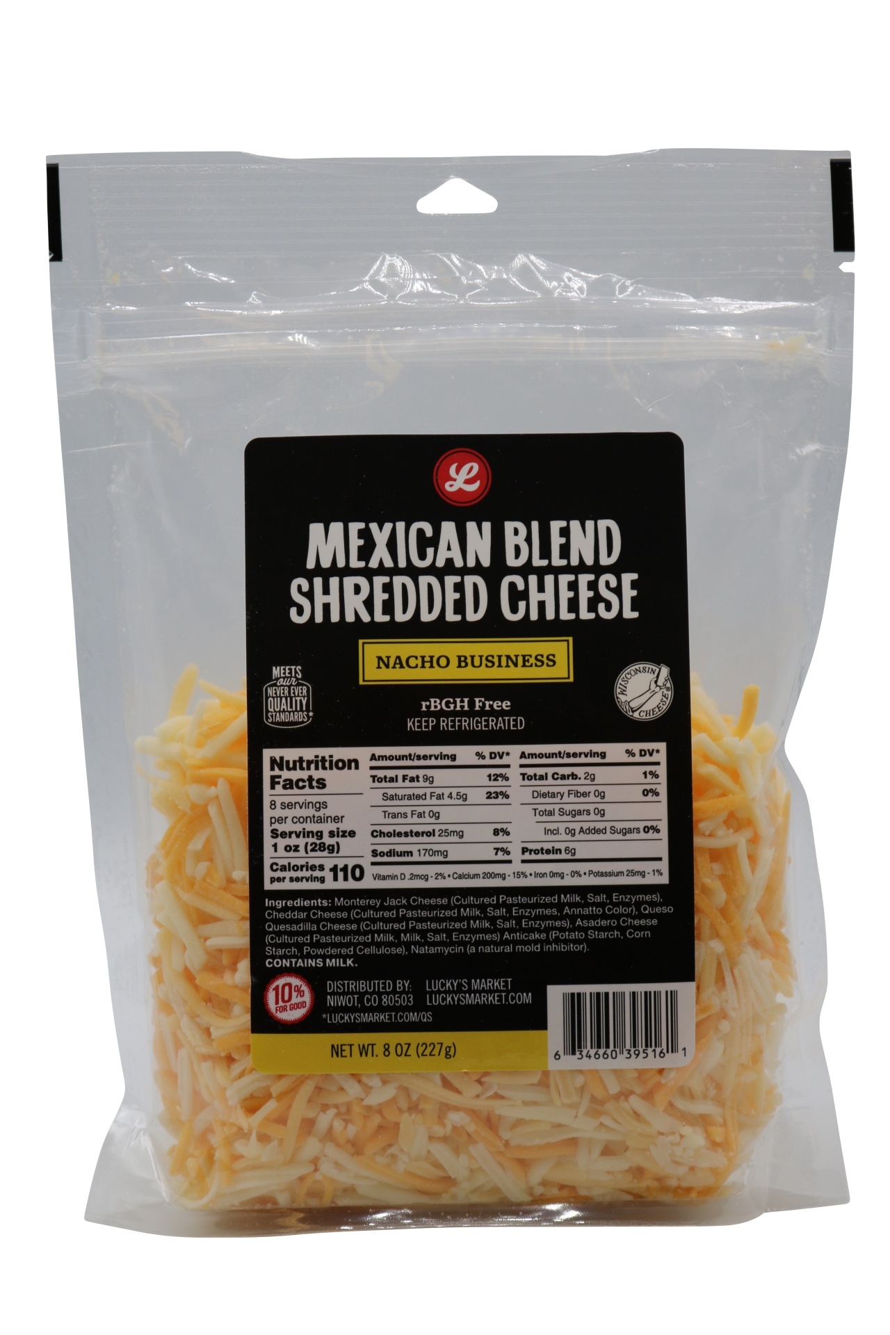 slide 1 of 1, Lucky's Market Shredded Mexican Blend Cheese, 8 oz