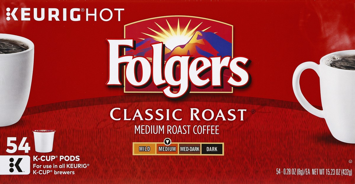 slide 5 of 6, Folgers Coffee, Medium Roast, Classic Roast, K-Cup Pods, 54 ct