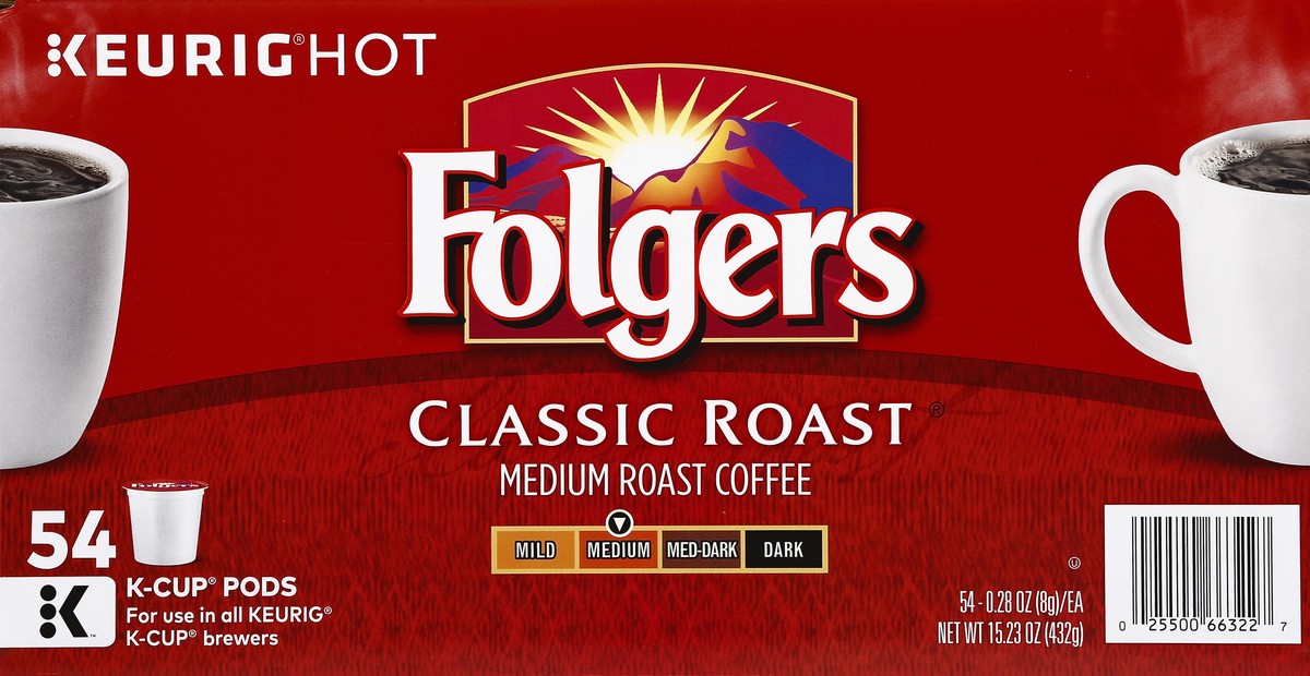 slide 6 of 6, Folgers Coffee, Medium Roast, Classic Roast, K-Cup Pods, 54 ct