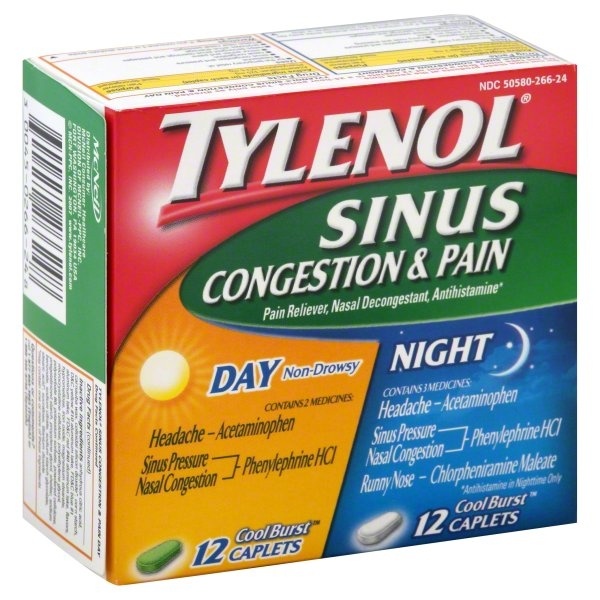 slide 1 of 1, Tylenol Sinus Congestion & Pain, Day/Night, Caplets, Cool Burst, 24 ct