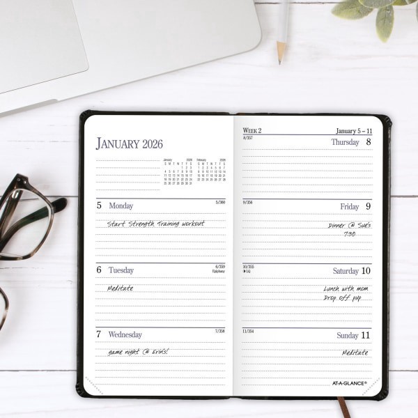 slide 4 of 10, AT-A-GLANCE® Fine Diary® 2026 Weekly Monthly Diary, Black Brown, Pocket, 3"" x 6"", 1 ct