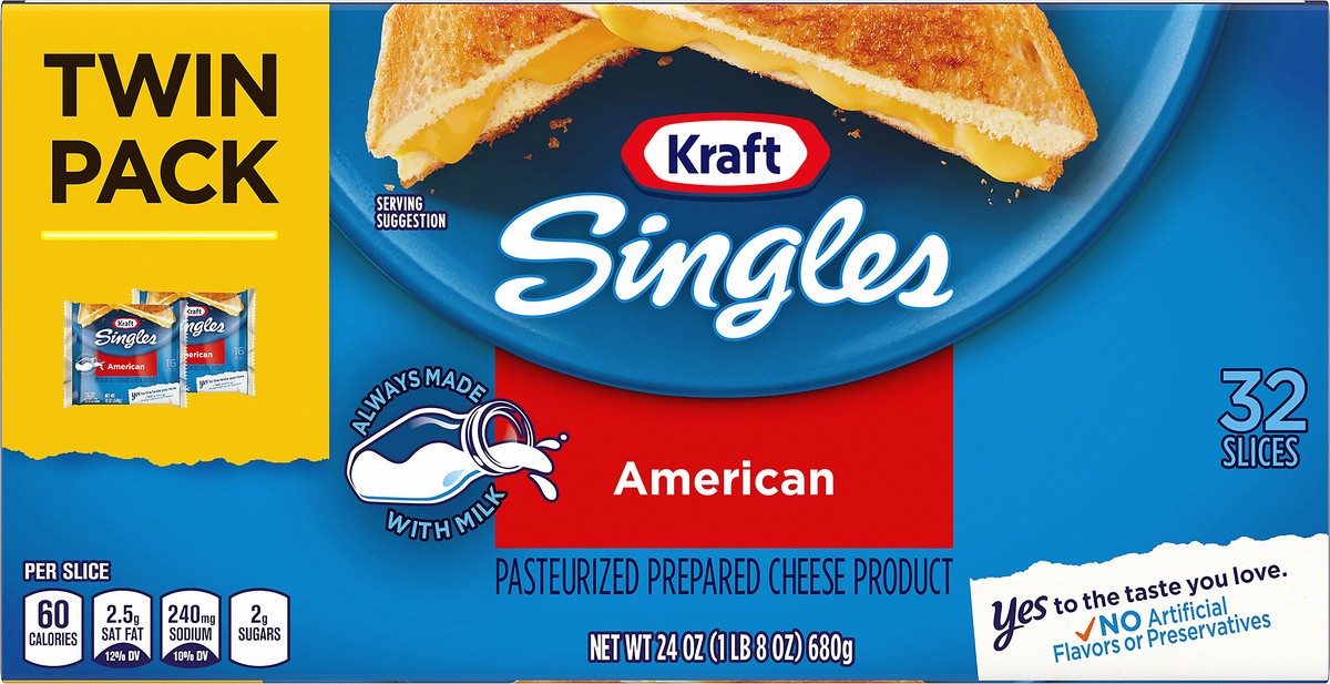 slide 3 of 9, Kraft Singles American Slices Twin Pack, 32 ct Pack, 24 oz