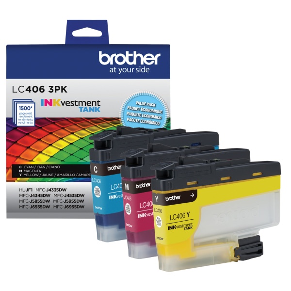slide 1 of 10, Brother Inkvestment Lc4063Pks Cyan/Magenta/Yellow Tank Ink Cartridges, Pack Of 3 Cartridges, 3 ct