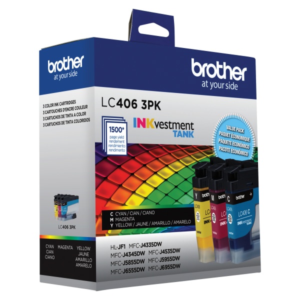 slide 10 of 10, Brother Inkvestment Lc4063Pks Cyan/Magenta/Yellow Tank Ink Cartridges, Pack Of 3 Cartridges, 3 ct