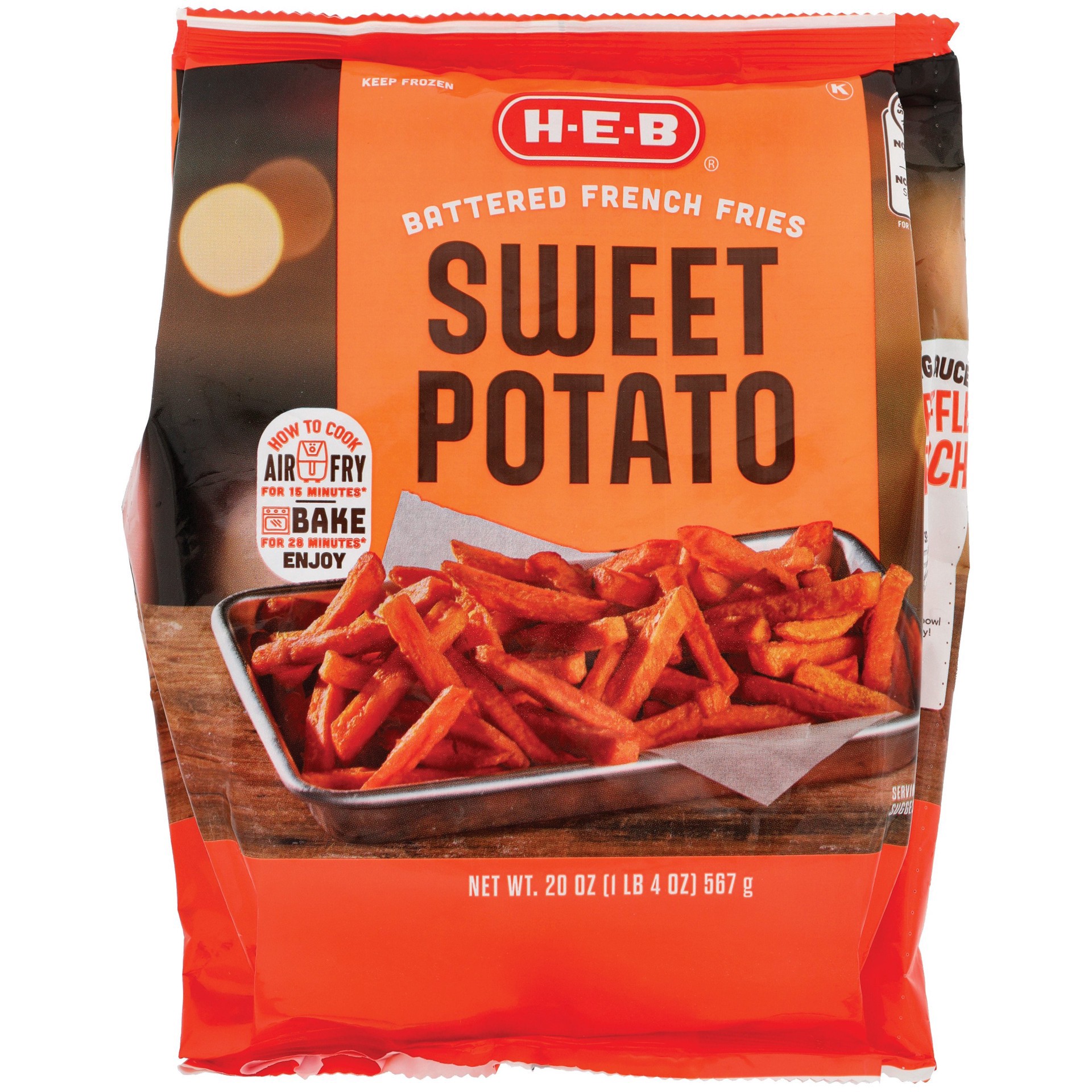 slide 1 of 1, H-E-B Frozen Battered Sweet Potato Fries, 20 oz