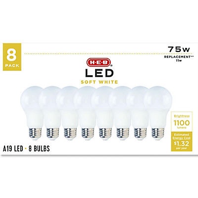 slide 1 of 1, H-E-B A19 75-Watt Soft White LED Light Bulbs, 8 ct